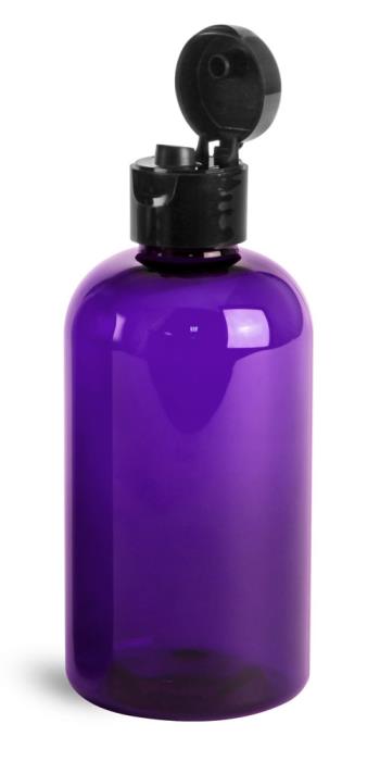 8 oz Plastic Bottles, Purple PET Boston Rounds w/ Black Smooth Snap Top Caps