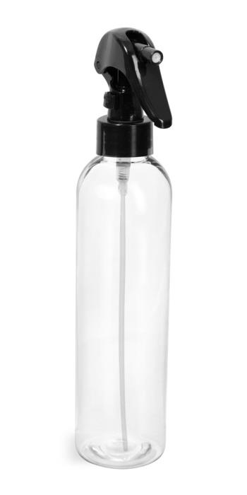 8 oz Clear PET Cosmo Round Bottles  w/ Black Mini Trigger Sprayers