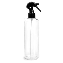 16 oz Clear PET Cosmo Round Bottles  w/ Black Mini Trigger Sprayers