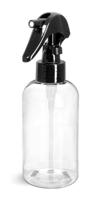 8 oz Clear PET Round Bottles w/ Black Mini Trigger Sprayers