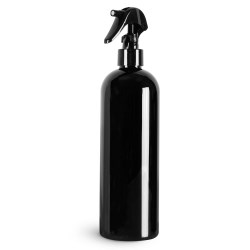 16 oz Black PET Cosmo Round Bottles w/ Black Polypropylene Mini Trigger Sprayers