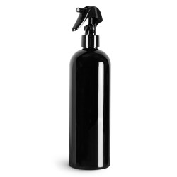 8 oz Black PET Cosmo Round Bottles w/ Black Polypropylene Mini Trigger Sprayers