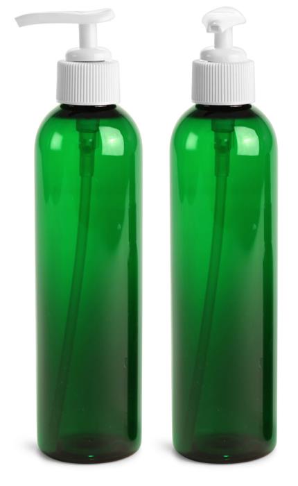 8 oz Green PET Cosmo Round Bottles w/ White Lotion Pump