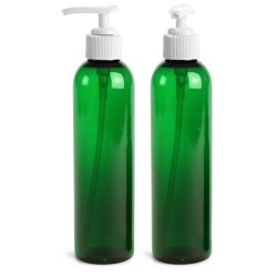 8 oz Green PET Cosmo Round Bottles w/ White Lotion Pump