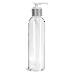 6 oz Clear PET Cosmo Round Bottles w/ White Brushed Aluminum Lotion Pumps