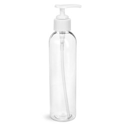 8 oz Clear PET Cosmo Round Bottles w/ White Lotion Pump