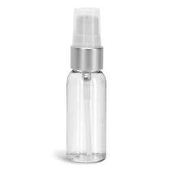 1 oz PET Plastic Bottles, Clear Cosmo Round Bottles w/ White Brushed Aluminum Lotion Pumps