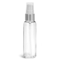 2 oz PET Plastic Bottles, Clear Cosmo Round Bottles w/ White Brushed Aluminum Lotion Pumps