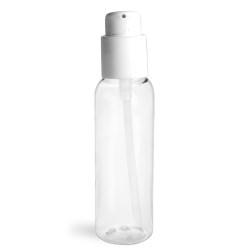 2 oz  Clear PET Cosmo Round Bottles w/ White Treatment Pumps