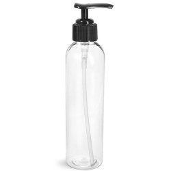 8 oz Clear PET Cosmo Round Bottles w/ Black Lotion Pumps