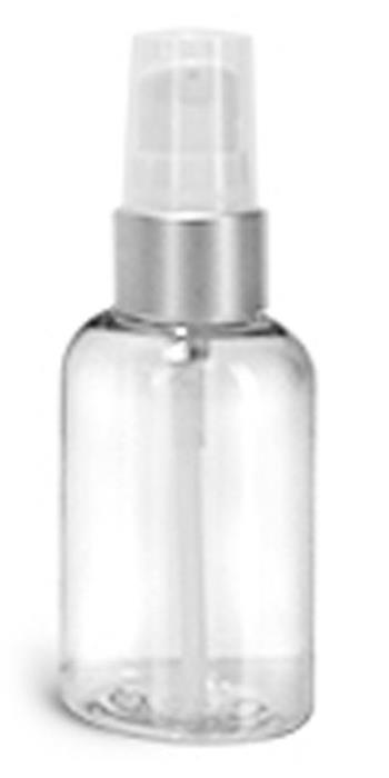 2 oz PET Plastic Bottles, Clear Boston Round Bottles w/ White Lotion Pumps w/ Brushed Aluminum Collars