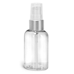 2 oz PET Plastic Bottles, Clear Boston Round Bottles w/ White Lotion Pumps w/ Brushed Aluminum Collars