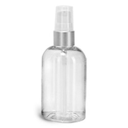 4 oz PET Plastic Bottles, Clear Boston Round Bottles w/ White Lotion Pumps w/ Brushed Aluminum Collars