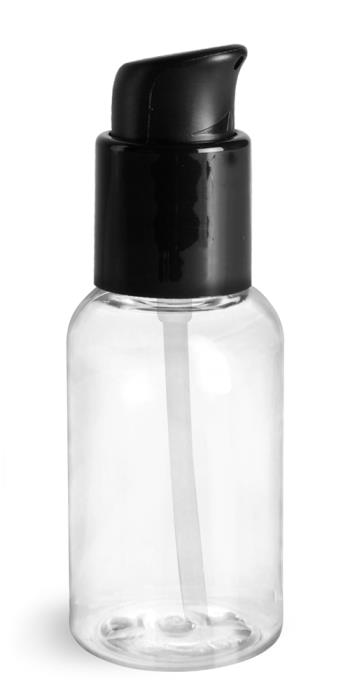 2 oz Clear PET Boston Round Bottles With Black Treatment Pumps