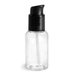 2 oz Clear PET Boston Round Bottles With Black Treatment Pumps