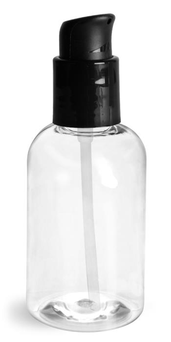 4 oz Clear PET Boston Round Bottles With Black Treatment Pumps