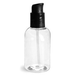 4 oz Clear PET Boston Round Bottles With Black Treatment Pumps