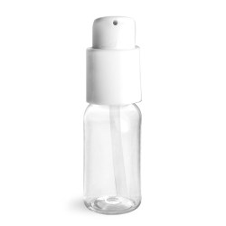 1 oz Clear PET Boston Round Bottles w/ White Treatment Pumps