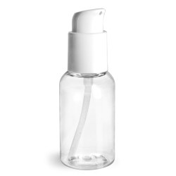 2 oz  Clear PET Boston Round Bottles w/ White Treatment Pumps