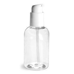 4 oz  Clear PET Boston Round Bottles w/ White Treatment Pumps