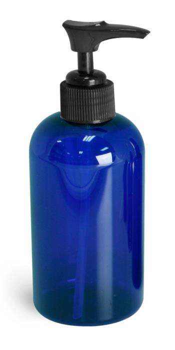 8 oz Blue PET Boston Round Bottles w/ Black Pumps