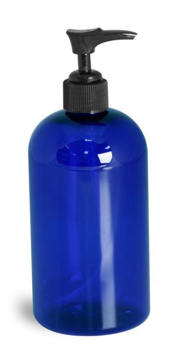 16 oz Blue PET Boston Round Bottles w/ Black Pumps