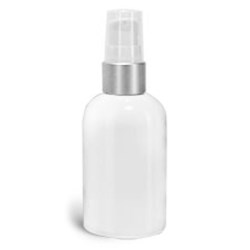 2 oz PET Plastic Bottles, White Boston Round Bottles w/ White Brushed Aluminum Pumps