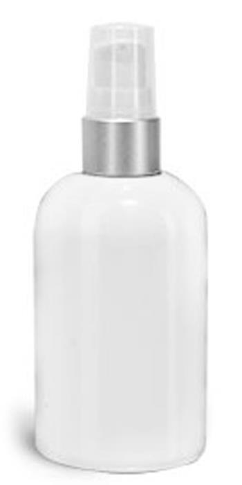 4 oz PET Plastic Bottles, White Boston Round Bottles w/ White Brushed Aluminum Lotion Pumps