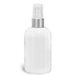 4 oz PET Plastic Bottles, White Boston Round Bottles w/ White Brushed Aluminum Lotion Pumps