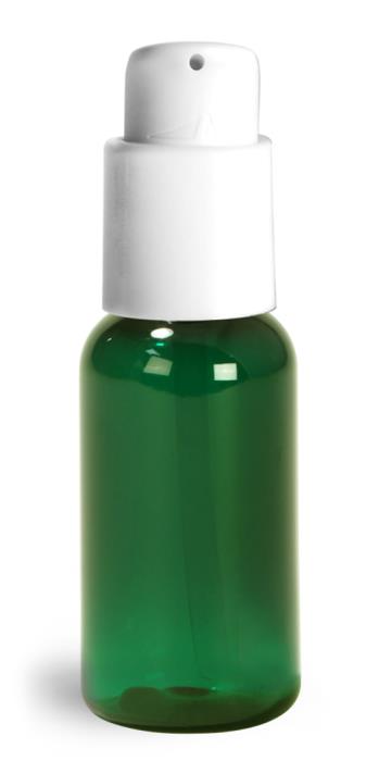 1 oz Green PET Boston Round Bottles w/ White Treatment Pumps