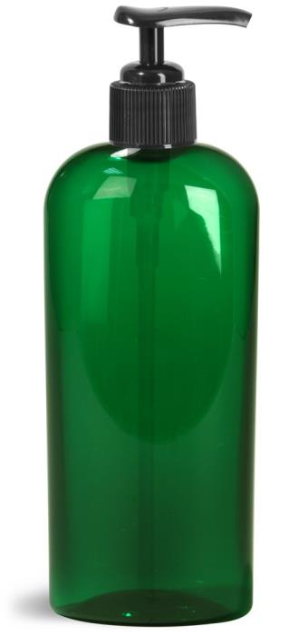 8 oz Green PET Cosmo Oval Bottles w/ Black Lotion Pumps