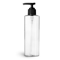 8 oz w/ black pump Clear PET Cylinder Bottles w/ Black Ribbed Polypropylene Lotion Pumps