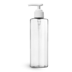 8 oz w/ white pump Clear PET Cylinder Bottles w/ White Ribbed Polypropylene Lotion Pumps