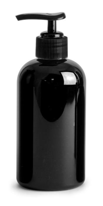 8 oz PET Plastic Bottles, Black Boston Round Bottles w/ Black Pumps