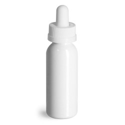 1 oz Plastic Bottles, White PET Cosmo Round Bottles w/ White Child Resistant Glass Droppers