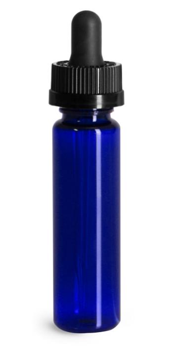 1 oz Plastic Bottles, Blue PET Slim Line Cylinders w/ Black Child Resistant Glass Droppers