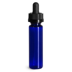 1 oz Plastic Bottles, Blue PET Slim Line Cylinders w/ Black Child Resistant Glass Droppers