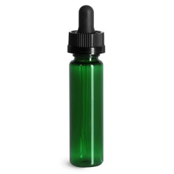 1 oz Plastic Bottles, Green PET Slim Line Cylinders w/ Black Child Resistant Glass Droppers