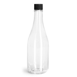 14.5 oz Clear PET Woozy Bottles w/ Black Ribbed Lined Caps & Orifice Reducers