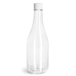 14.5 oz Clear PET Woozy Bottles w/ White Ribbed Lined Caps & Orifice Reducers