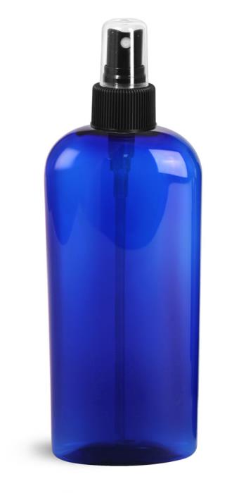 8 oz Blue PET Cosmo Ovals w/ Black Fine Mist Sprayers