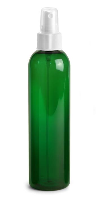 8 oz Green PET Cosmo Round Bottles w/ White Sprayers