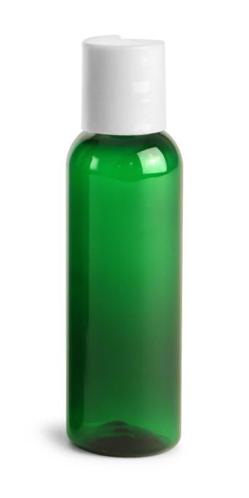 2 oz Green PET Cosmo Round Bottles w/ White Disc Top Caps