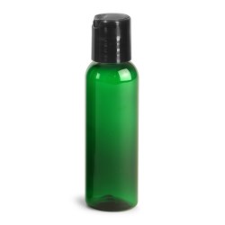 2 oz Green PET Cosmo Round Bottles w/ Black Disc Top Caps