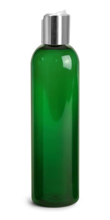 8 oz Green PET Cosmo Round Bottles w/ Silver Disc Top Caps