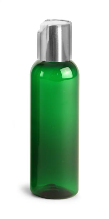 2 oz Green PET Cosmo Round Bottles w/ Silver Disc Top Caps