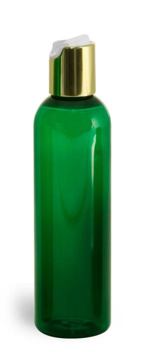 4 oz Green PET Cosmo Round Bottles w/ Gold Disc Top Caps