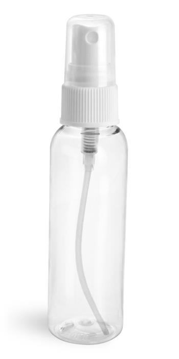 2 oz Clear PET Cosmo Round Bottles w/ White Fine Mist Sprayers