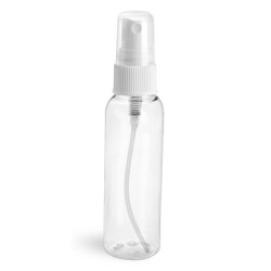 2 oz Clear PET Cosmo Round Bottles w/ White Fine Mist Sprayers