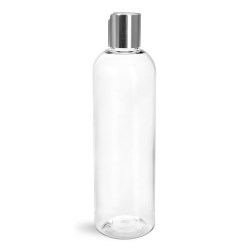 2 oz Clear PET Cosmo Round Bottles w/ Smooth Silver Disc Top Caps